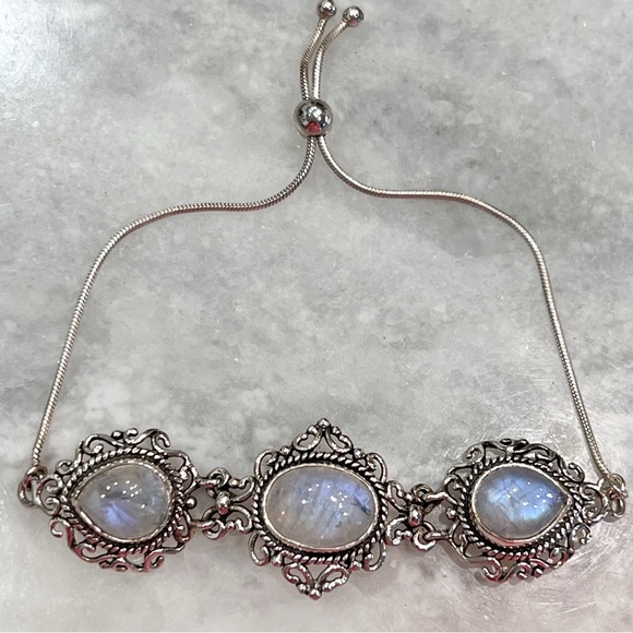 Rainbow Moonstone Trilogy Sterling Silver Hinged BOLO Bracelet - Picture 6 of 15